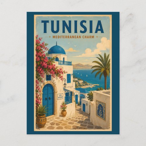 Tunisia Landscape Illustration Travel Art Vintage Postcard