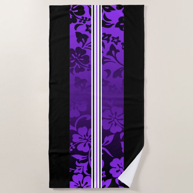 Tunnels Beach Hawaiian Hibiscus Surfboard Purple Beach Towel (Front)