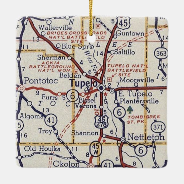 Tupelo MS Vintage Map Ceramic Ornament (Back)