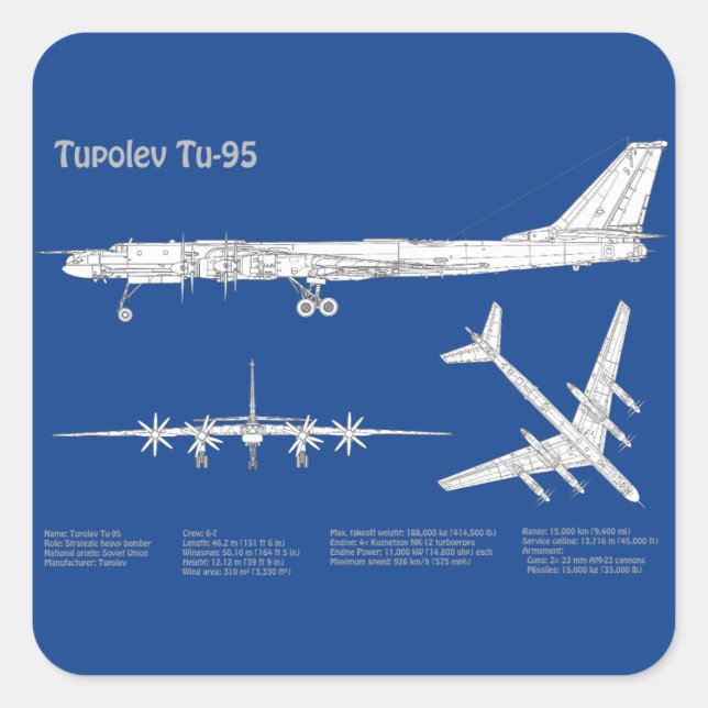Tupolev Tu-95 - Airplane Blueprint Plans ABD Square Sticker (Front)