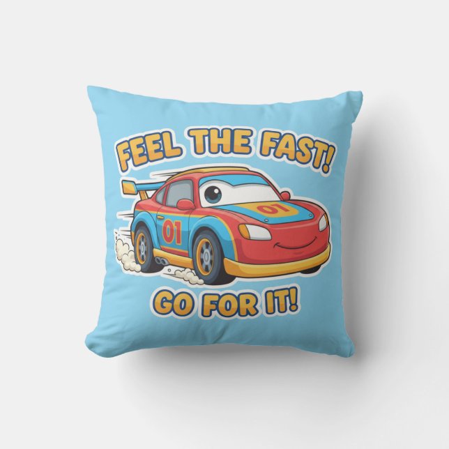 Turbo Racer "Feel The Fast" Cartoon Sports Car Throw Pillow (Front)