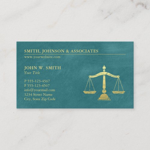 Turcuoise Lawyer Scales of Justice Gold effect Business Card