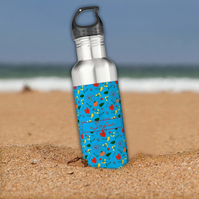  Turguoise pattern wildflowers red poppy  Stainless Steel Water Bottle (Creator Uploaded)