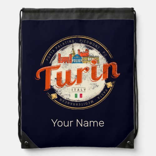 Turin Piedmont Retro Skyline Italian Vintage Pasta Drawstring Bag