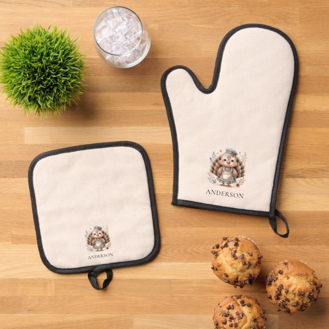 Turkey Add Name Oven Mitt & Pot Holder Set (Top Down)