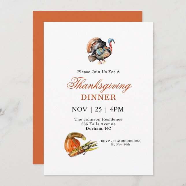 Turkey and pumpkin Thanksgiving dinner  invitation (Front/Back)