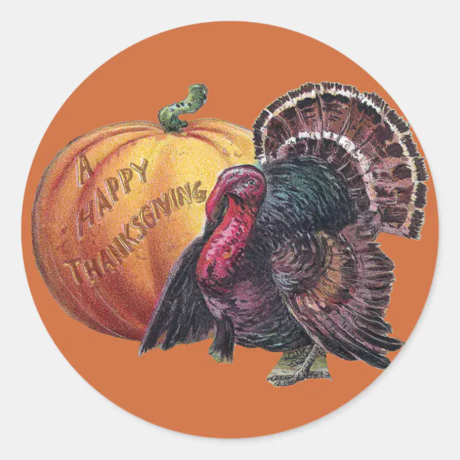 Turkey and Pumpkin Vintage Thanksgiving Classic Round Sticker | Zazzle