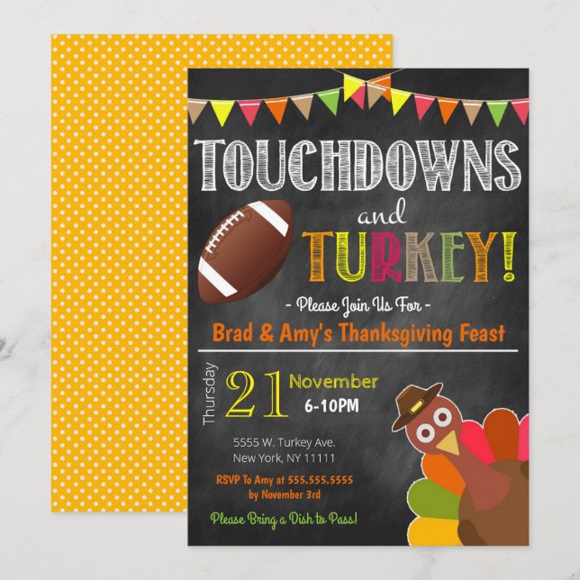 Turkey and Touchdowns Friendsgiving Party Invitati Invitation (Front/Back)