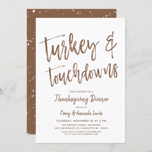 Turkey and Touchdowns  Thanksgiving Party Brown Invitation