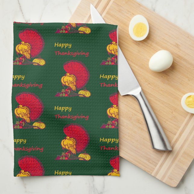 Turkey and veggies happy Thanksgiving green Kitchen Towel (Quarter Fold)