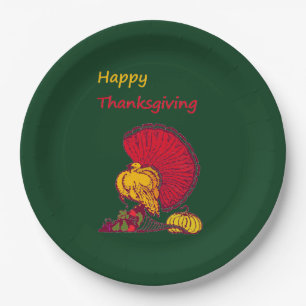 Turkey and veggies happy Thanksgiving green Paper Plates