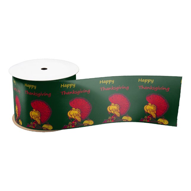 Turkey and veggies happy Thanksgiving green Satin Ribbon (Spool)