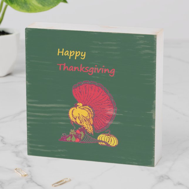 Turkey and veggies happy Thanksgiving green Wooden Box Sign (In Situ Horizontal)