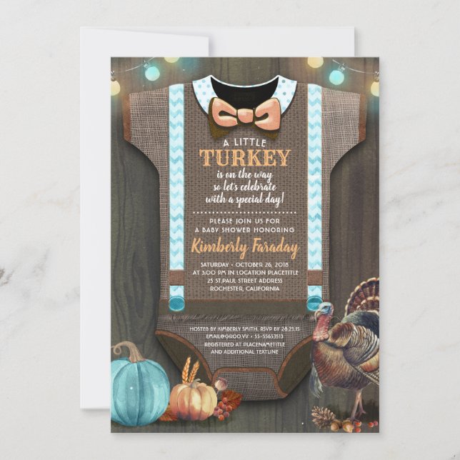 Turkey Baby Shower Fall Pumpkin Rustic Burlap Wood Invitation (Front)