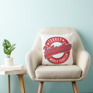 Turkey backpacker world traveler retro logo. throw pillow