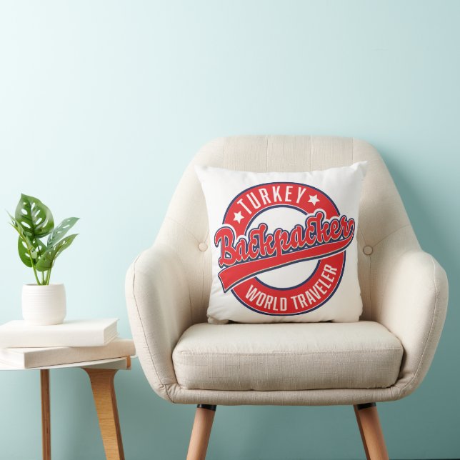 Turkey backpacker world traveler retro logo. throw pillow (Chair)