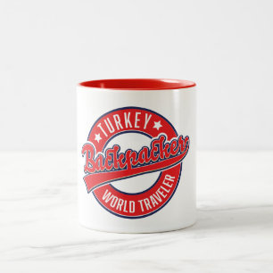 Turkey backpacker world traveler retro logo. Two-Tone coffee mug