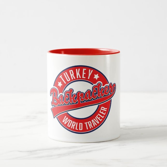 Turkey backpacker world traveler retro logo. Two-Tone coffee mug (Center)
