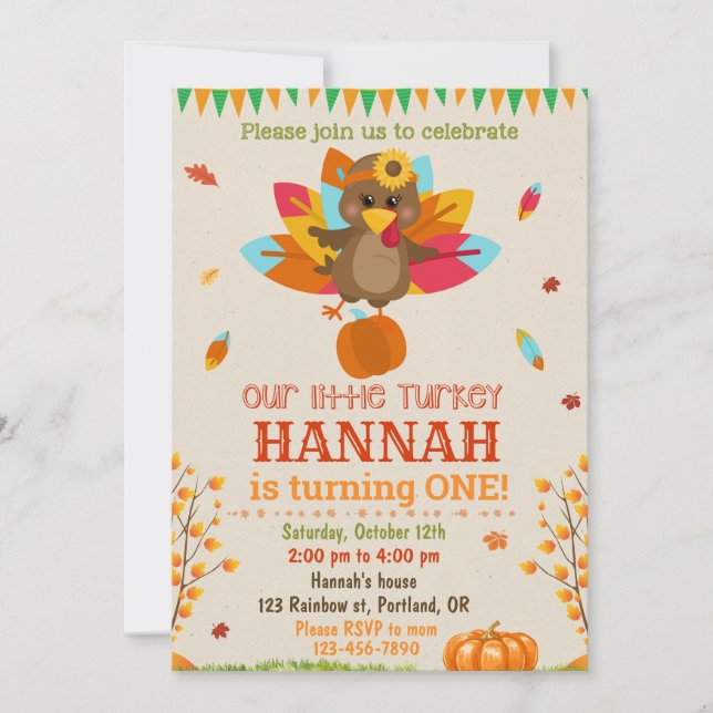 Turkey birthday invitation Turkey invitation girl (Front)