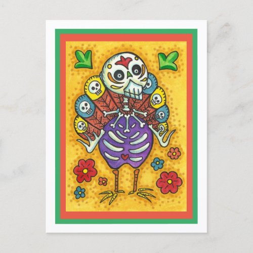 TURKEY BONES COLORFUL FOLK THANKSGIVING BIRD SKULL HOLIDAY POSTCARD