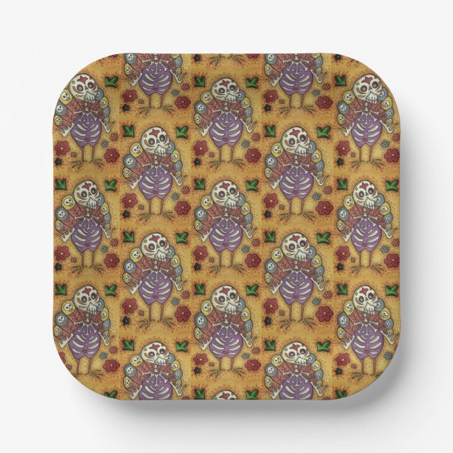 TURKEY BONES COLORFUL FOLK THANKSGIVING BIRD SKULL PAPER PLATES (Front)