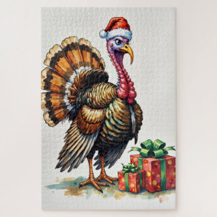 Turkey Clumsily Hiding with Paper Santa Hat Jigsaw Puzzle