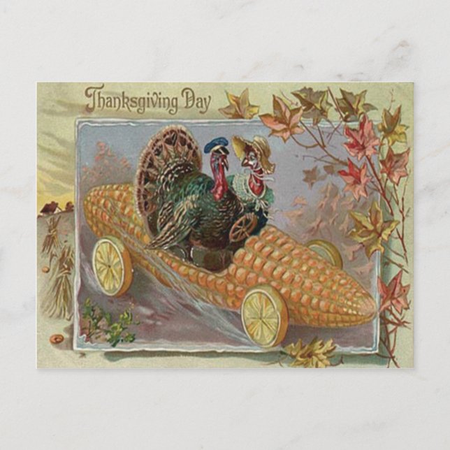 Turkey Couple Corn Car Fall Leaves Postcard (Front)