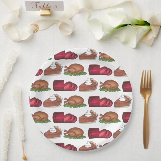 Turkey Cranberry Pumpkin Pie Thanksgiving Dinner Paper Plates (Wedding)