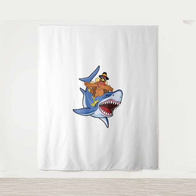Turkey Dabbing Riding Shark Cool Thanksgiving Gift Tapestry (Front)