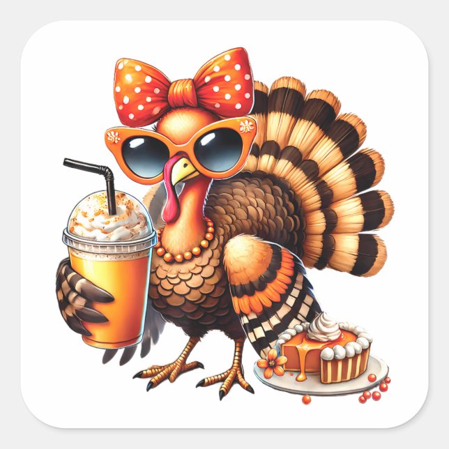 Turkey Drinking Coffee Bow Thanksgiving Turkey Day Square Sticker (Front)