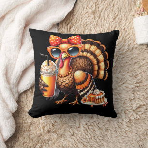 Turkey Drinking Coffee Bow Thanksgiving Turkey Day Throw Pillow
