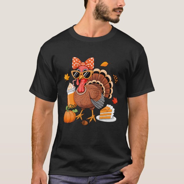 Turkey Drinking Coffee Bow Thanksgiving Womens Tur T-Shirt (Front)