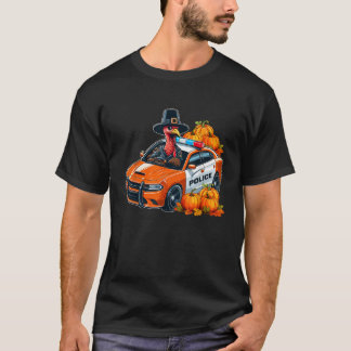 Turkey Driving Police Car Thanksgiving Driver Fall T-Shirt