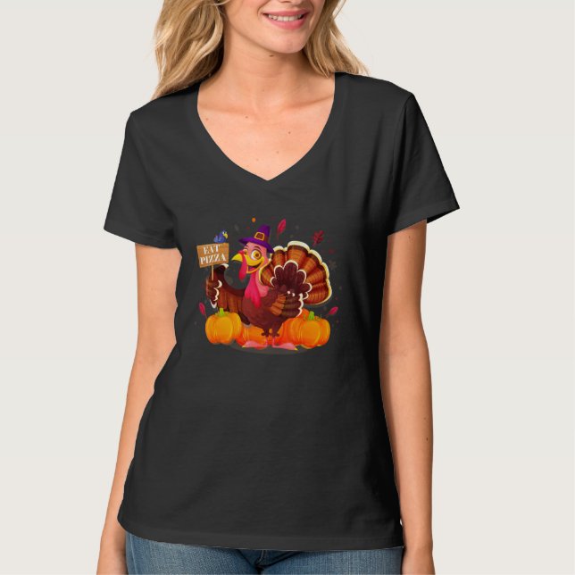 Turkey Eat Pizza Adult Vegan Kids   Thanksgiving T-Shirt (Front)