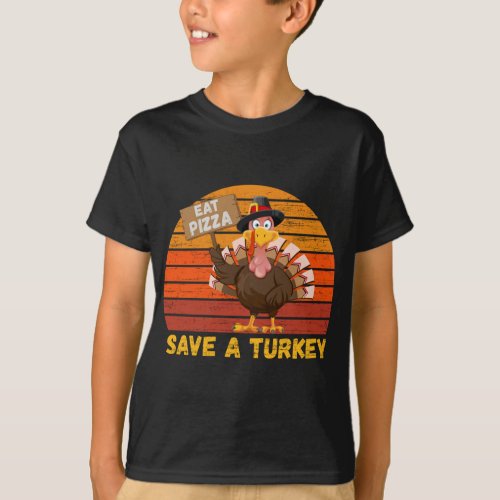 Turkey Eat Pizza Thanksgiving for Kids T_Shirt