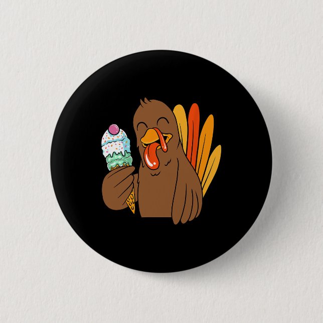 Turkey Eating Ice Cream Thanksgiving Day Funny Fal Button (Front)