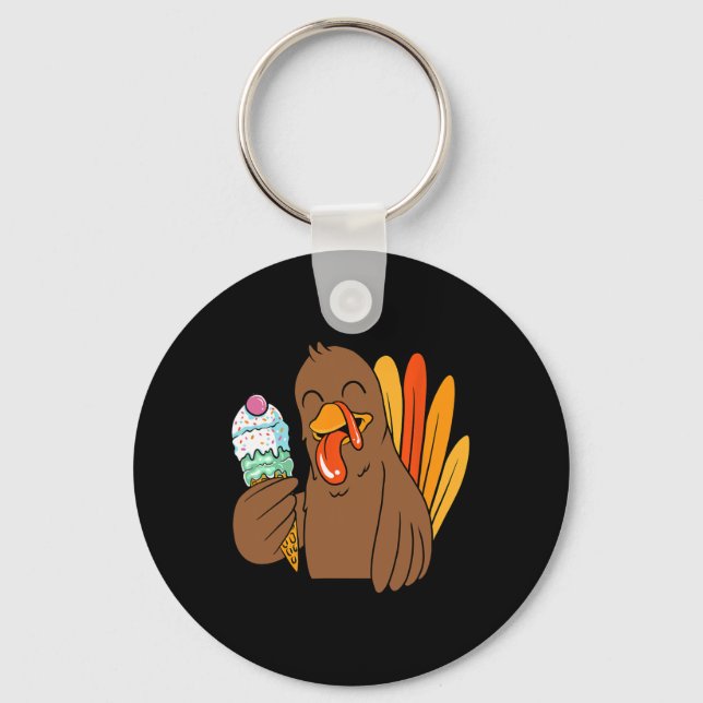 Turkey Eating Ice Cream Thanksgiving Day Funny Fal Keychain (Front)