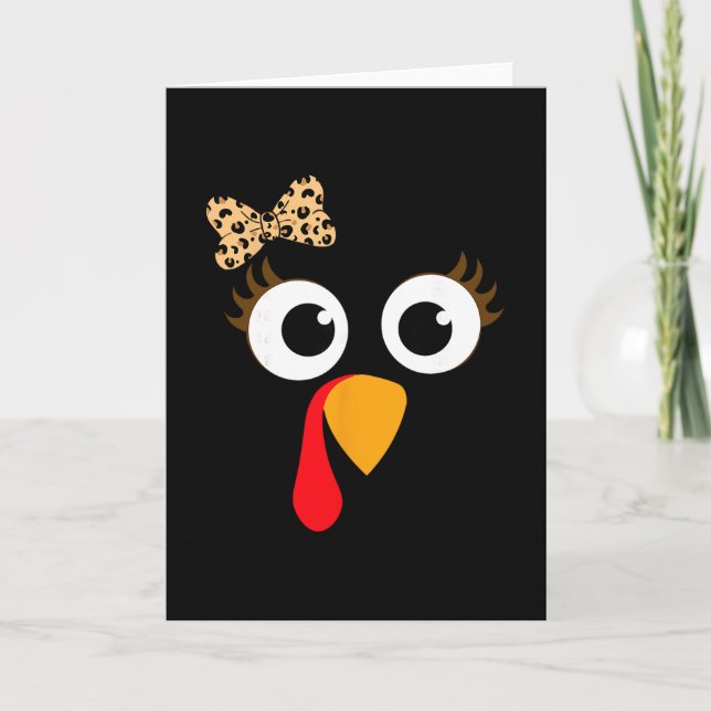 Turkey Face Girl Leopard Bow Thanksgiving Costume  Card (Front)