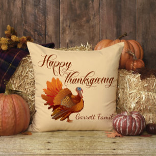 Turkey Fall Family Name Happy Thanksgiving Throw Pillow