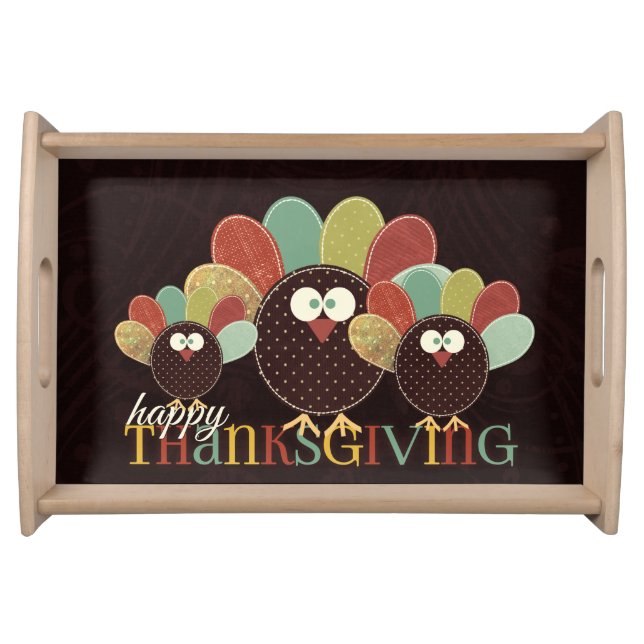 Turkey Family Patchwork Thanksgiving Serving Tray (Front)