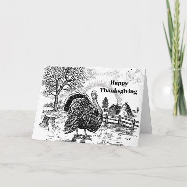 Turkey Farm Drawing Thanksgiving Holiday Card (Front)