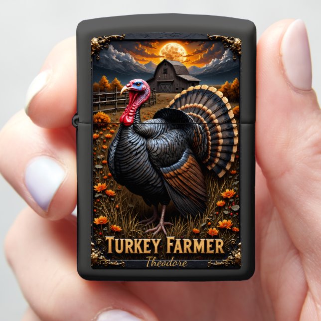 Turkey Farmer Autumn Sunset Display Piece Zippo Lighter (In Hand)