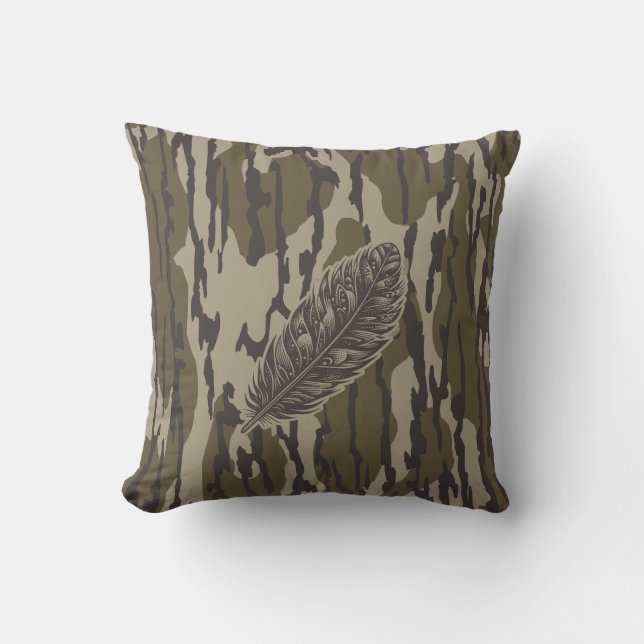 Turkey Feather Bottom Lands Camo Forest Throw Pillow (Front)