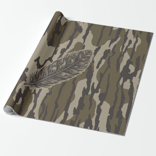 Turkey Feather Bottom Lands Camo Forest Wrapping Paper (Unrolled)