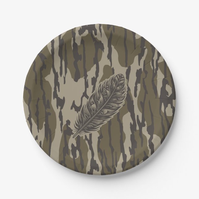 Turkey Feather Bottomland Camo Forest Camouflage Paper Plates (Front)