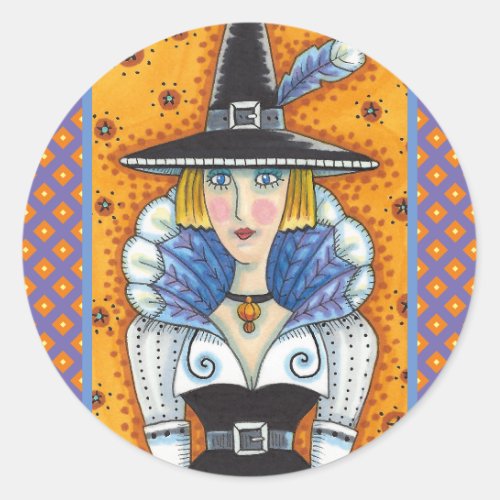 TURKEY FEATHER WITCH A SALEM THANKSGIVING FOLK CLASSIC ROUND STICKER