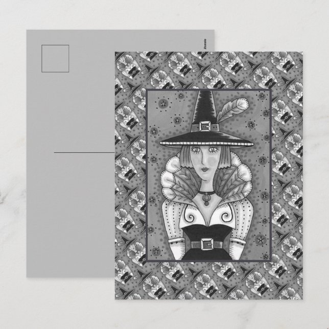 TURKEY FEATHER WITCH, A SALEM THANKSGIVING, FOLK HOLIDAY POSTCARD (Front/Back)