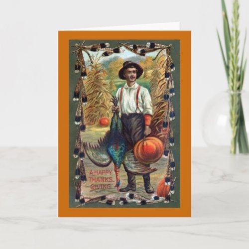 Turkey Feathers and Farmer Vintage Thanksgiving Holiday Card