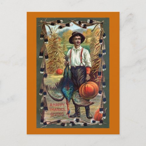 Turkey Feathers and Farmer Vintage Thanksgiving Holiday Postcard