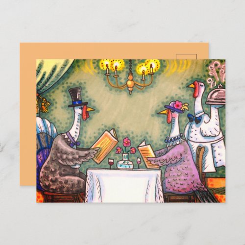 TURKEY FINE DINING THANKSGIVING BIRD HUMOR HOLIDAY POSTCARD